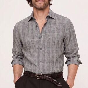 Banana Republic Tailored Slim Linen Dress Shirt Men L Gray Glen Plaid Cotton